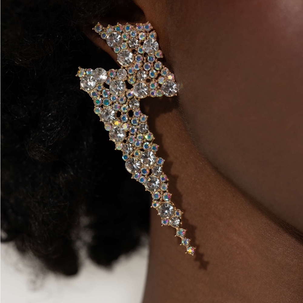 Gold Lightening Bolt Earrings with White & Iridescent Rhinestones - Picture 3 of 3